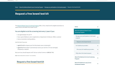 Free Bowel Cancer Screening Kit from National Bowel Cancer Screening Program