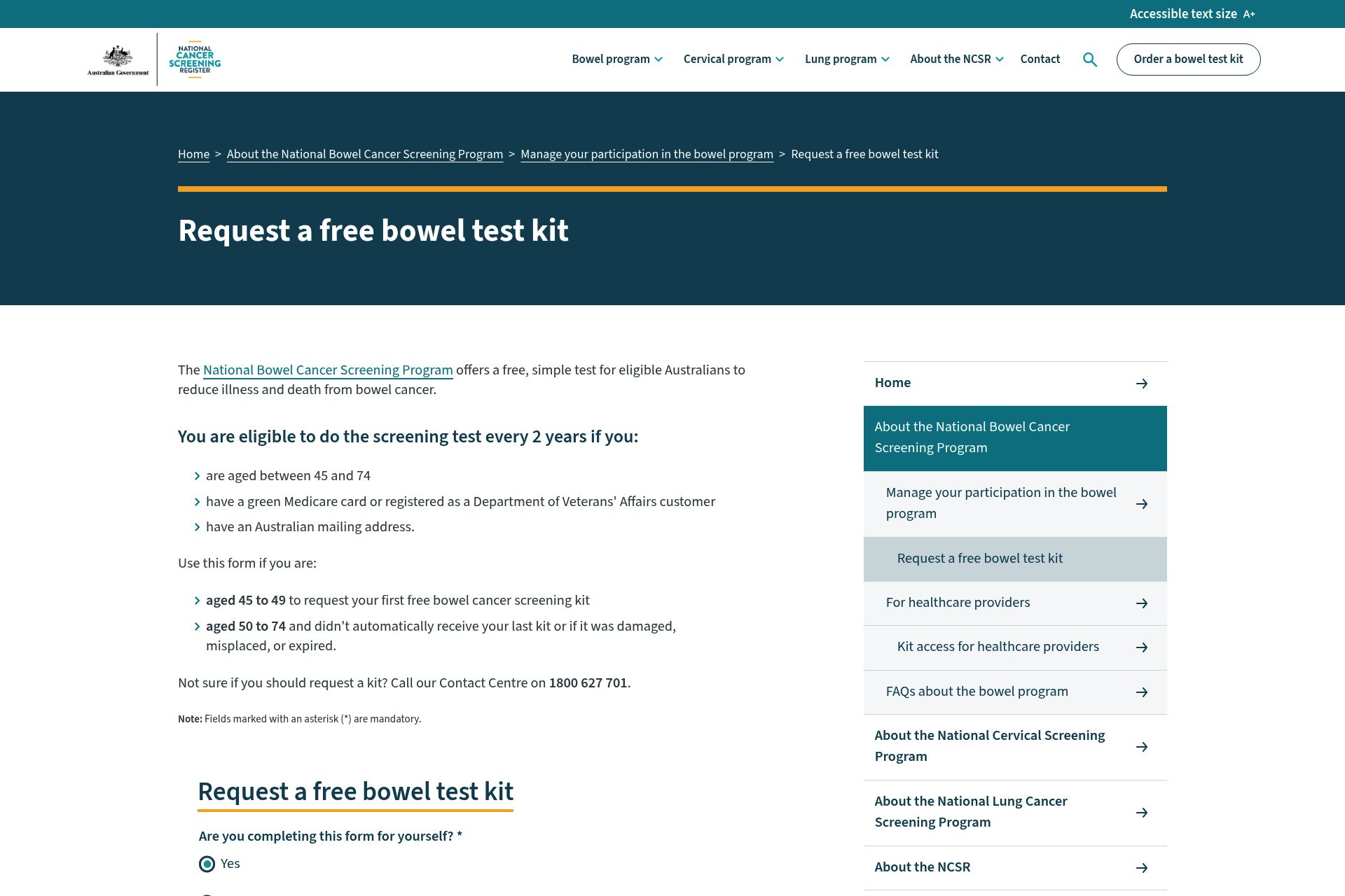 Screenshot of Free Bowel Cancer Screening Kit from National Bowel Cancer Screening Program