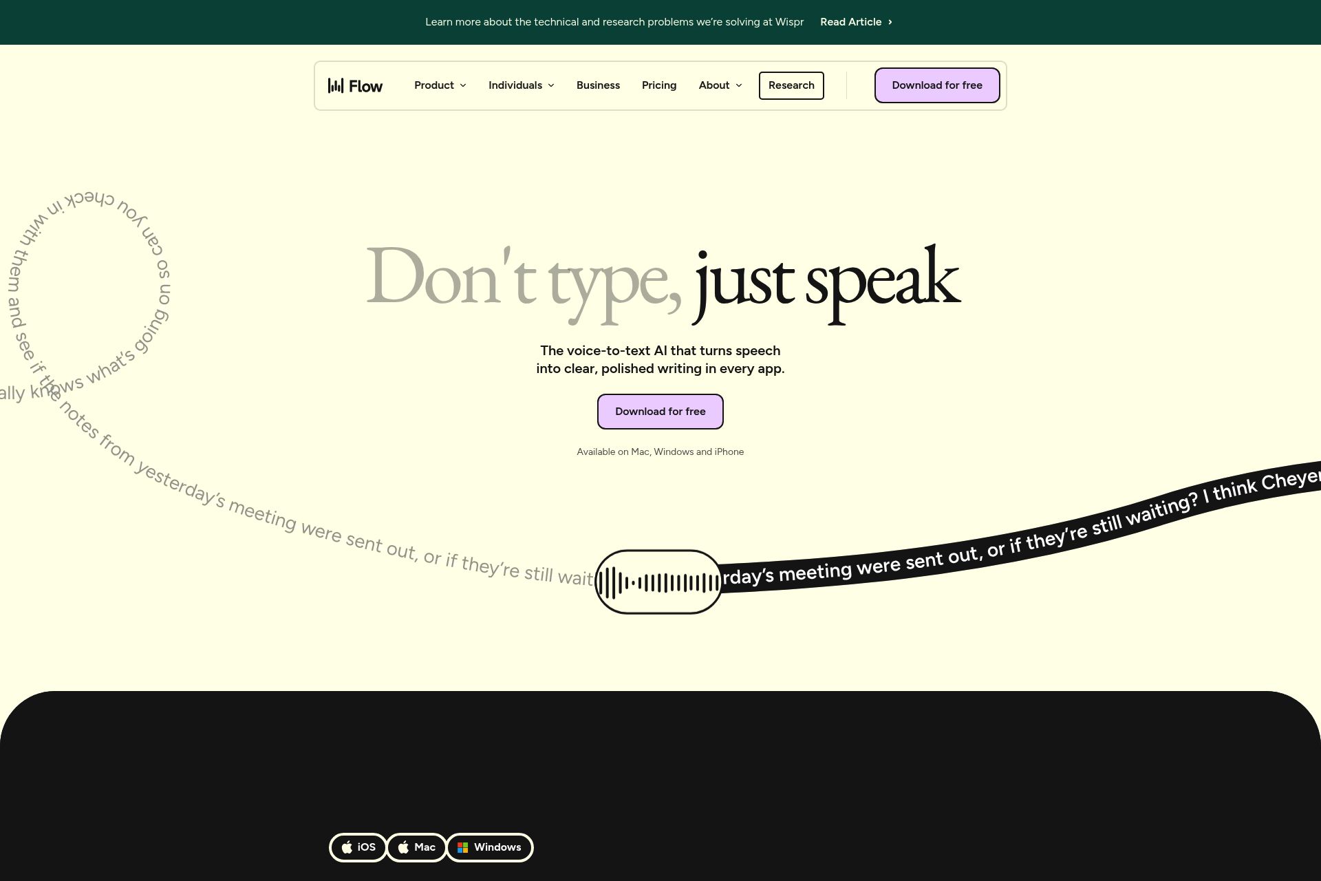 Full size screenshot of Free Voice-to-Text AI from Wispr Flow
