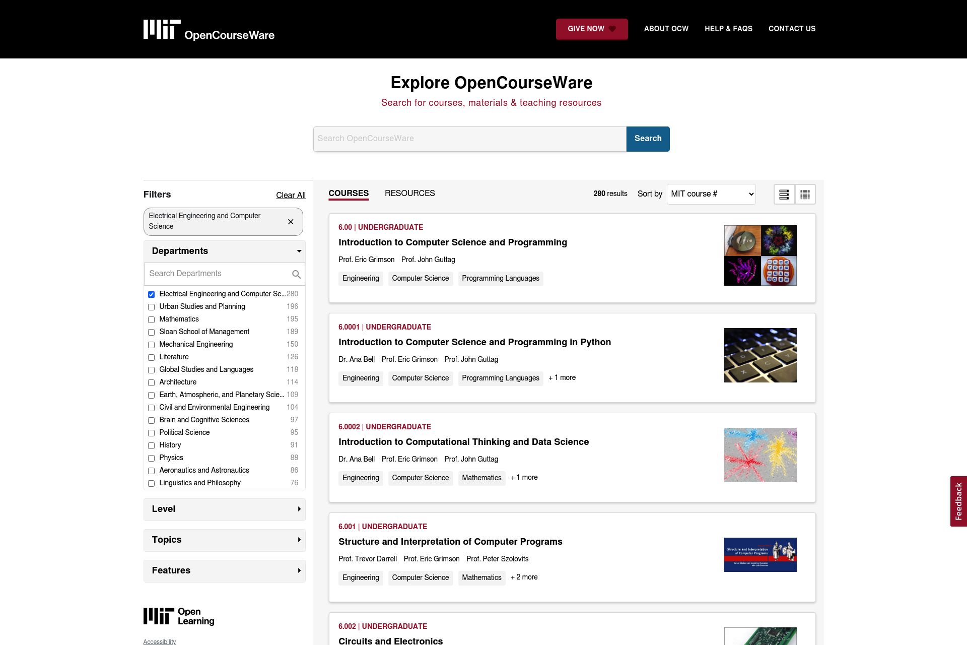 Full size screenshot of Free Electrical Engineering and Computer Science Courses from MIT OpenCourseWare